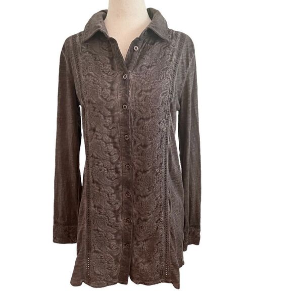Soft Surroundings Long Sleeve Button Front Embroidered Lace Bodice Gray Cotton S - Picture 1 of 8